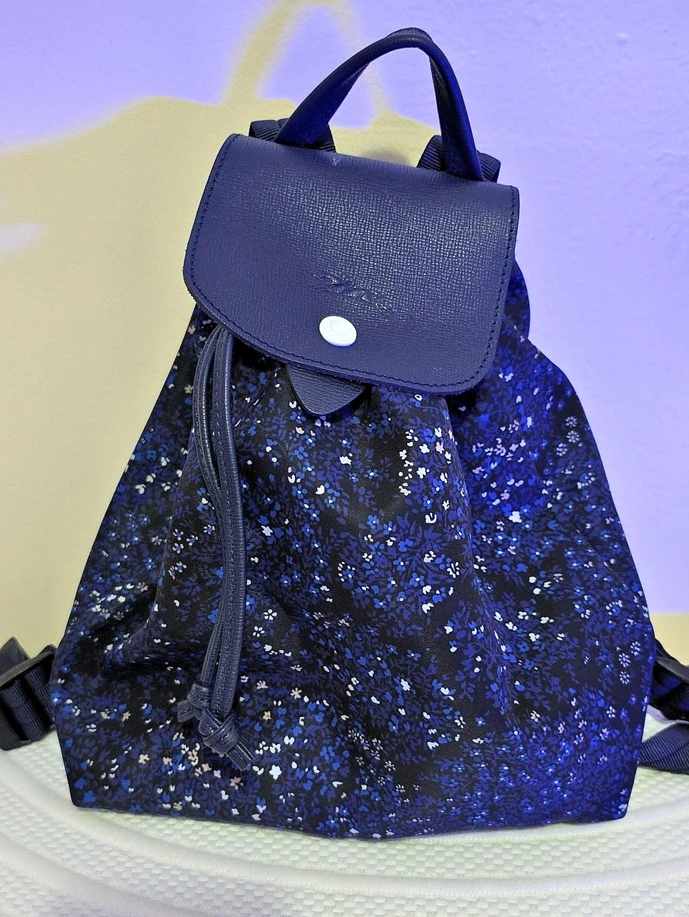 Longchamp Le Pliage Floral Backpack in Blue & Black